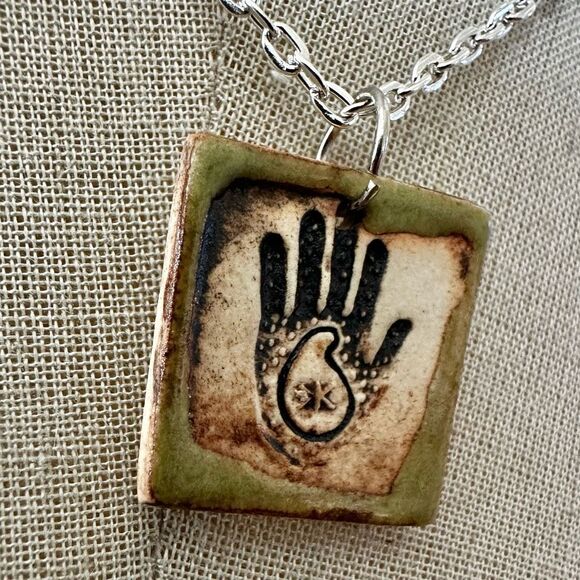 Rustic Ceramic Handprint Pendant Necklace - Picture 5 of 8